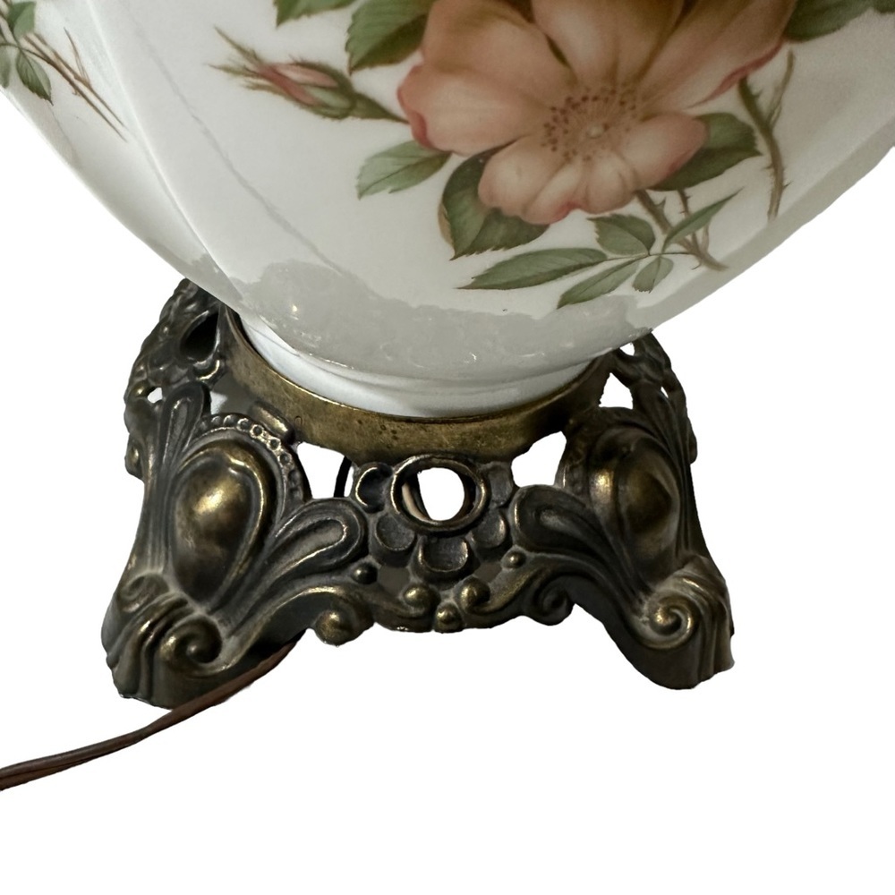 Vtg Hand Painted Floral Bulbous Ceramic Hurricane Parlor Lamp Brass Pedestal 24” - Picture 13 of 17